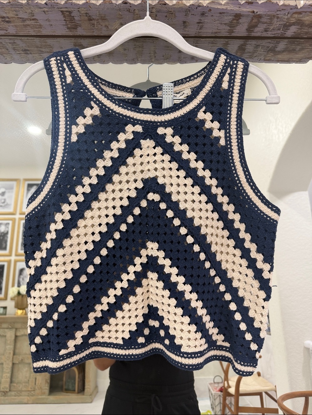Ultra Pink Navy and Cream Crochet Tank